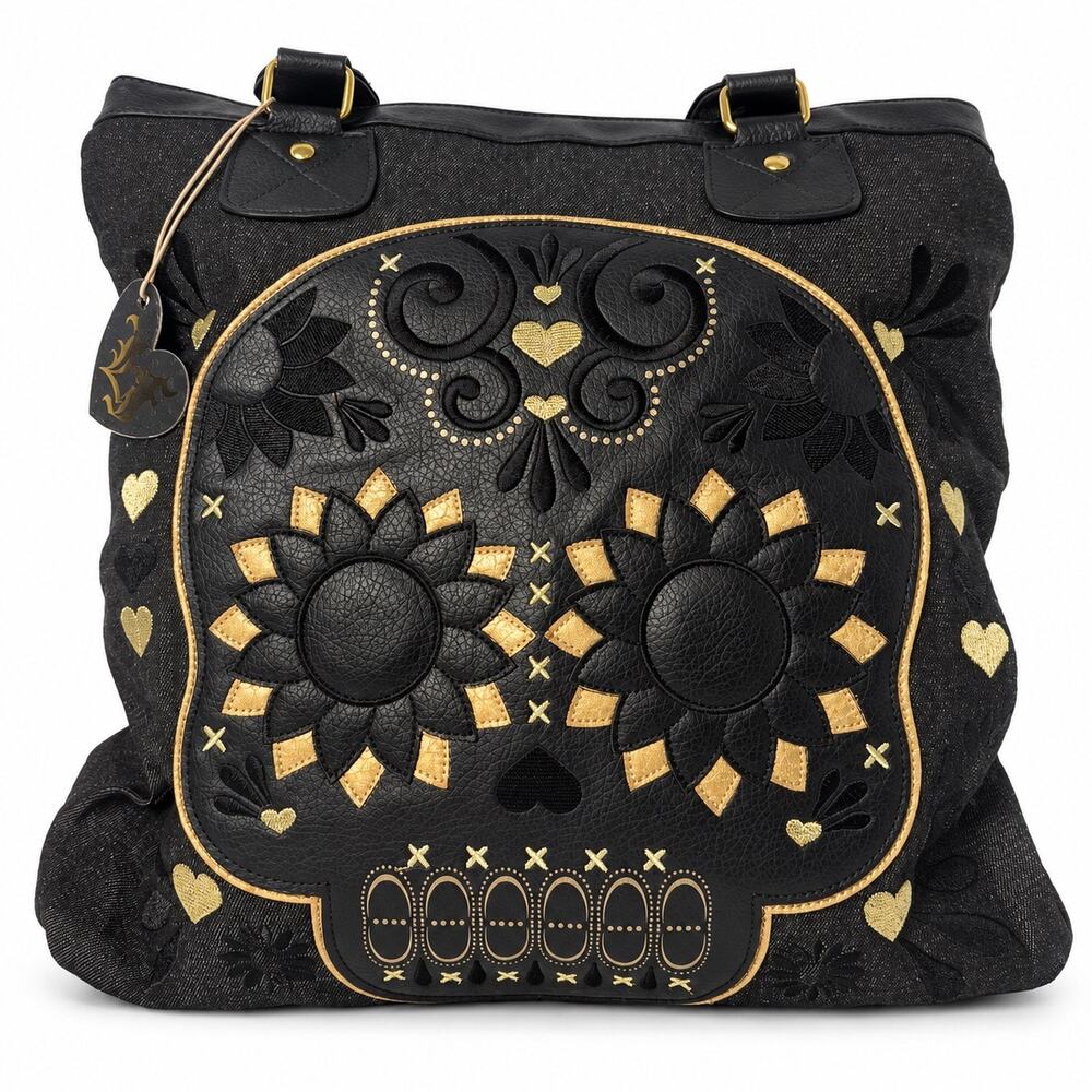 Loungefly Sugar Skull Tote Bag Black Gold Floral Braided Handle Gothic Purse - Picture 2 of 13